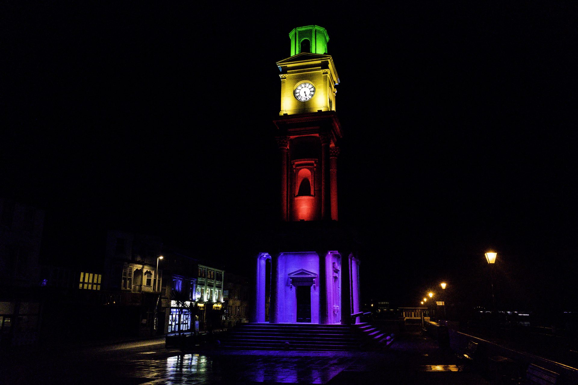Herne Bay Clock Tower illuminated at night