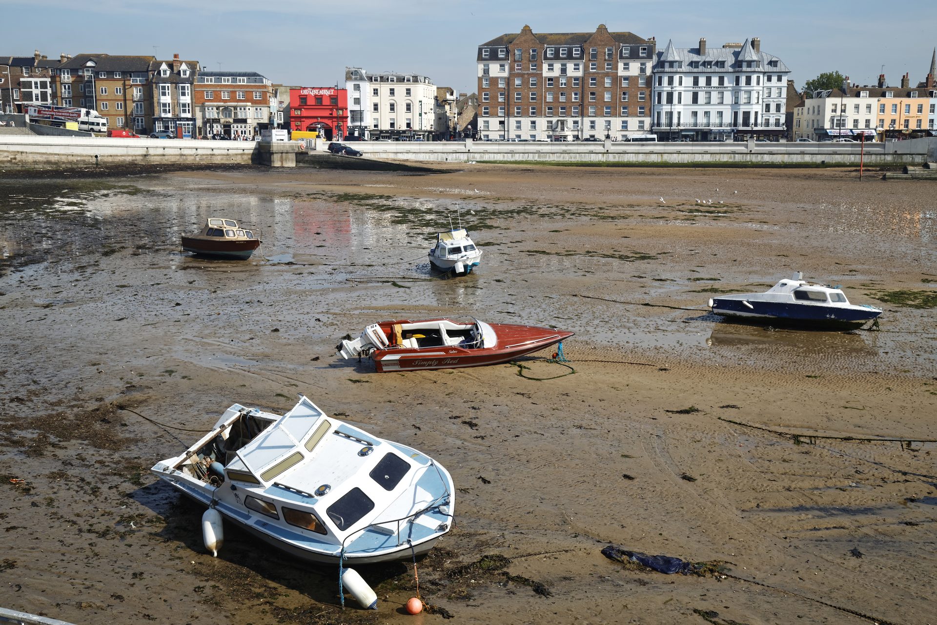 Boats at low tide in Margate Harbour