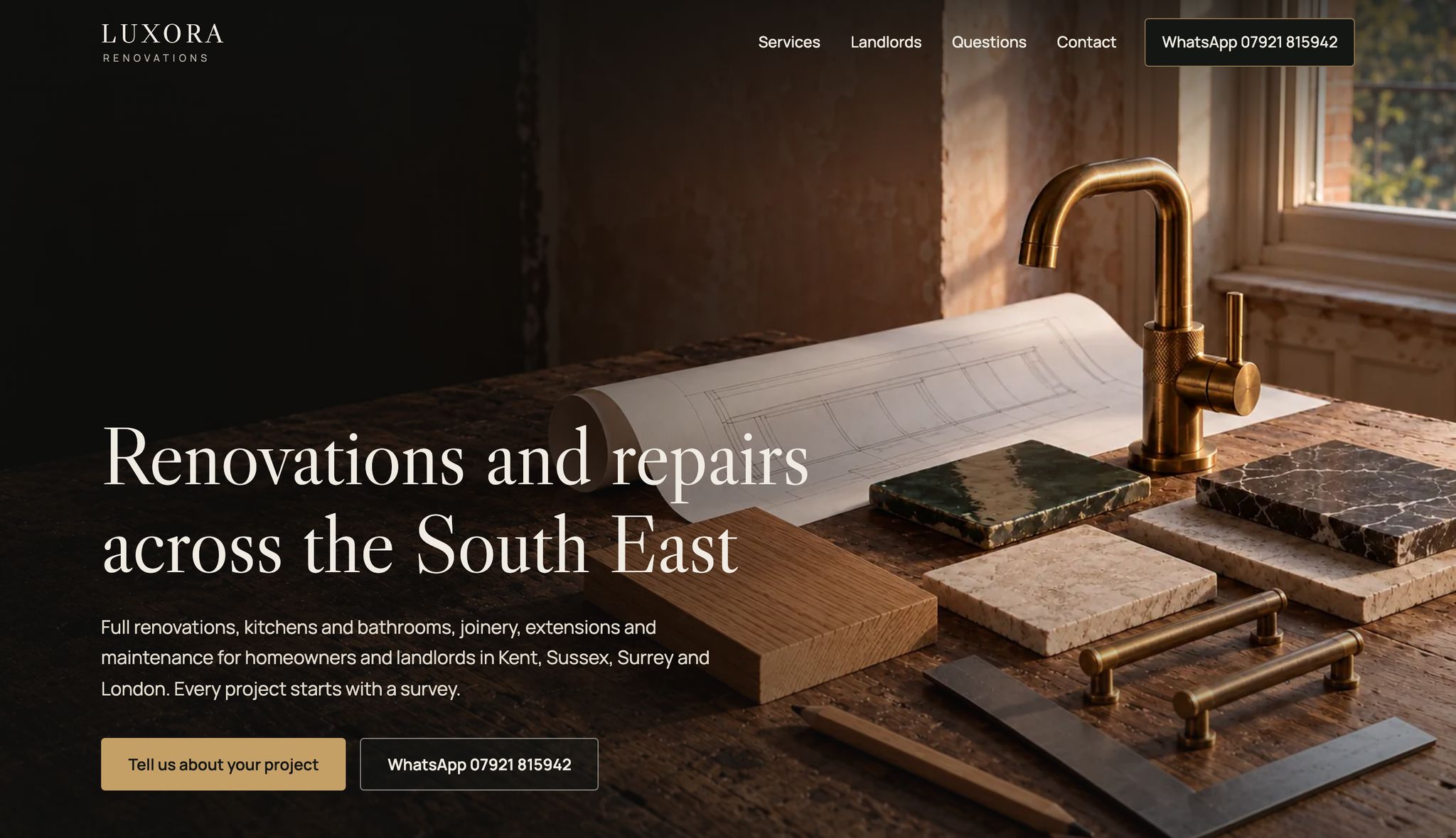 Luxora Renovations homepage with an illustration of a brass tap, stone samples and drawings, and the headline Renovations and repairs across the South East