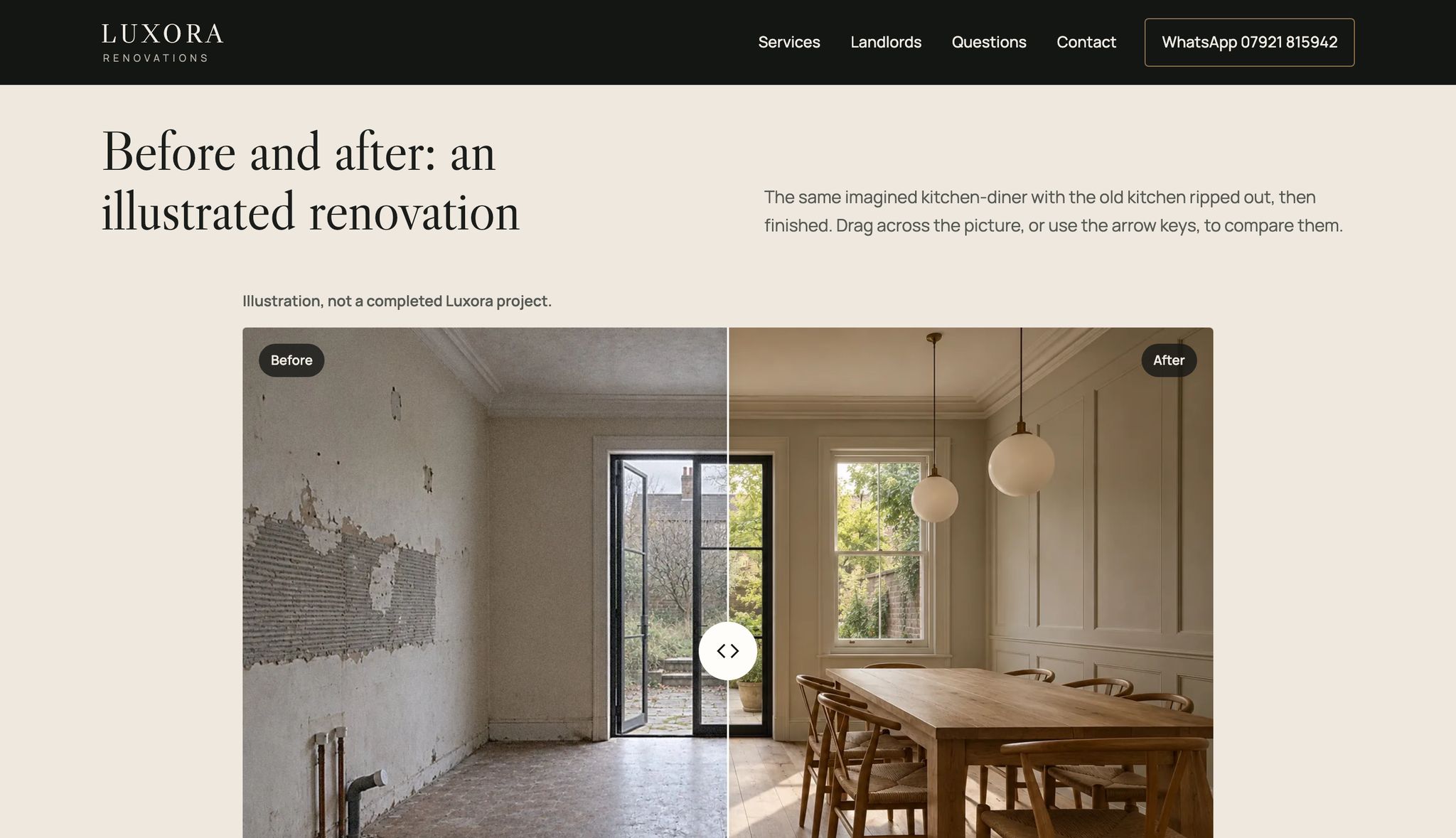 The Luxora before-and-after slider: a stripped-out room on the left and the finished kitchen-diner on the right, labelled Illustration, not a completed Luxora project