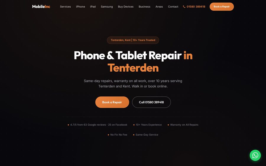 MobileInc phone repair website built by Lustre Digital